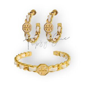 Tory Burch Marion Woven Gold and White Leather Earring & Bracelet Set
